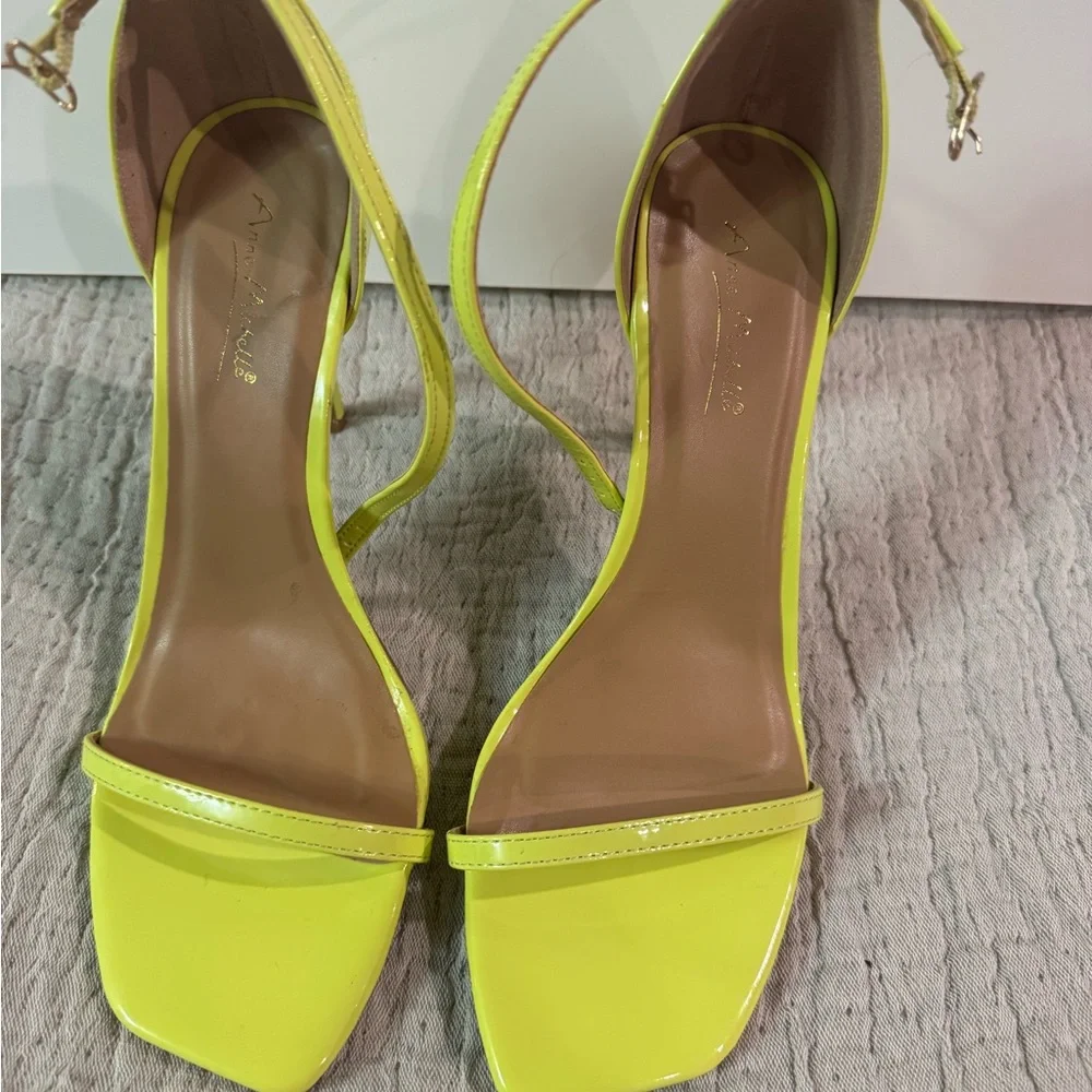 Anne Michelle Bright Yellow Patent Open-Toe Stiletto Sandals